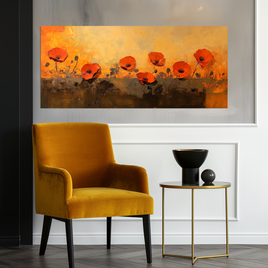 Sunlit Poppies-Red Poppy Flowers Painting, Warm Tone Floral Wall Art for Home Decoration