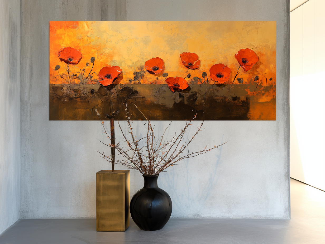 Sunlit Poppies-Red Poppy Flowers Painting, Warm Tone Floral Wall Art for Home Decoration