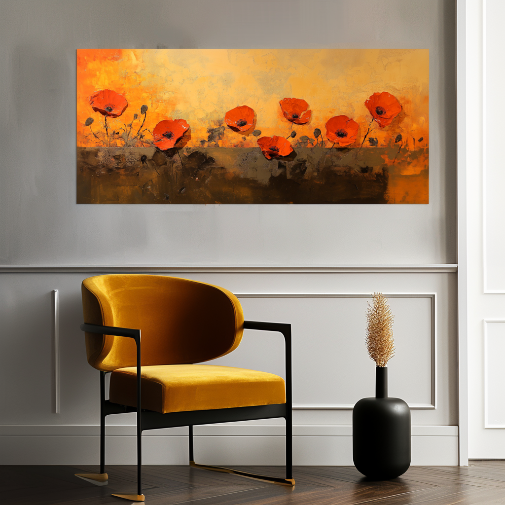 Sunlit Poppies-Red Poppy Flowers Painting, Warm Tone Floral Wall Art for Home Decoration