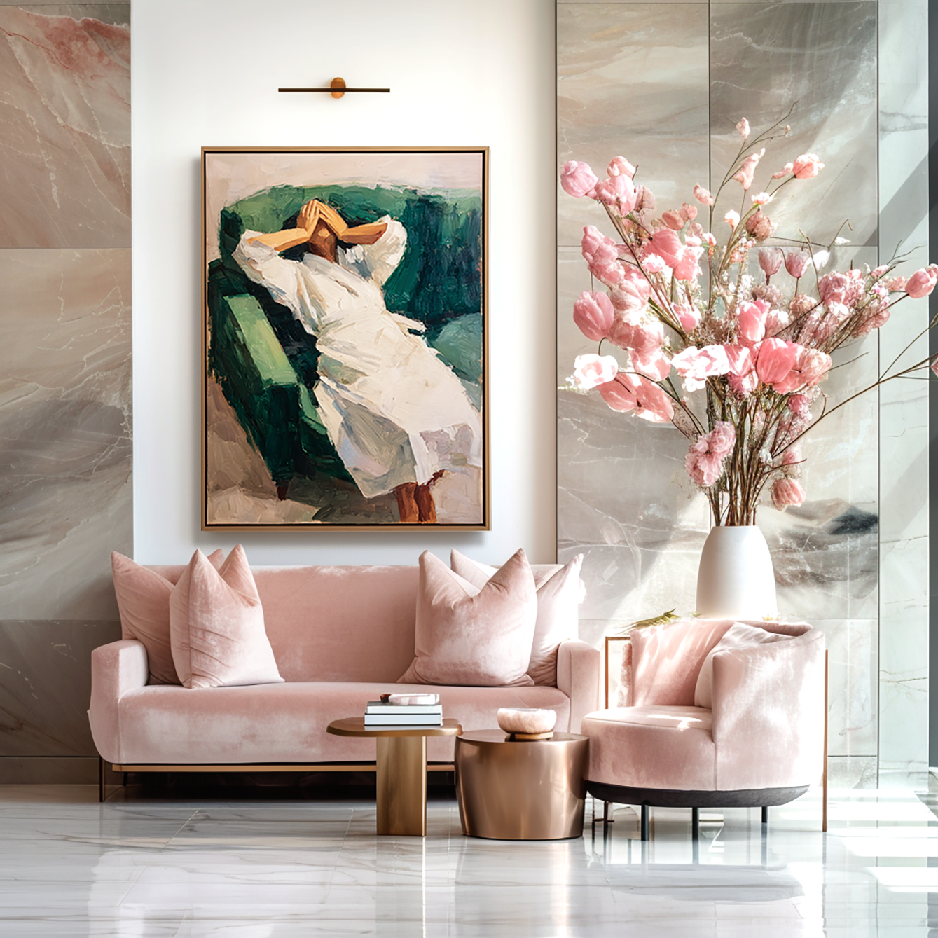 The Pause – Expressive Figurative Oil Painting of Reclining Woman on Green Sofa