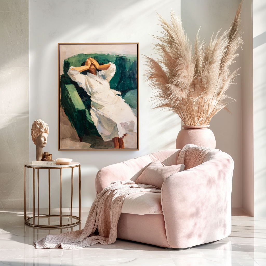 The Pause – Expressive Figurative Oil Painting of Reclining Woman on Green Sofa