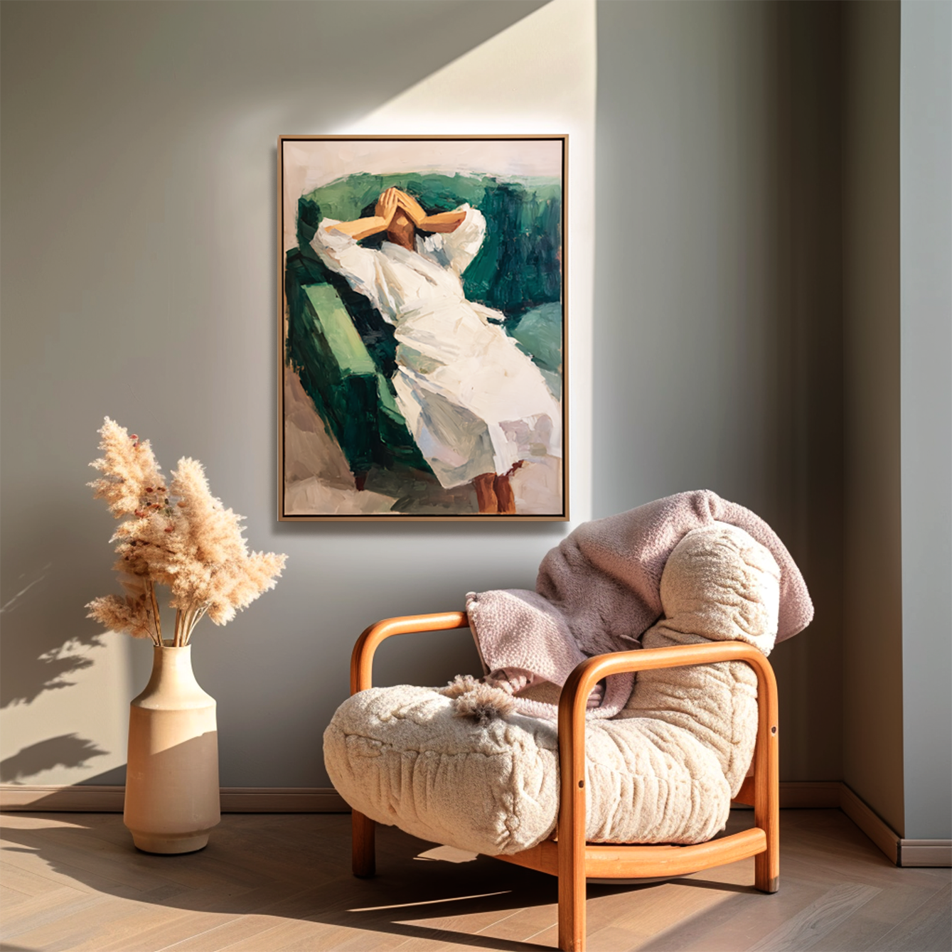 The Pause – Expressive Figurative Oil Painting of Reclining Woman on Green Sofa