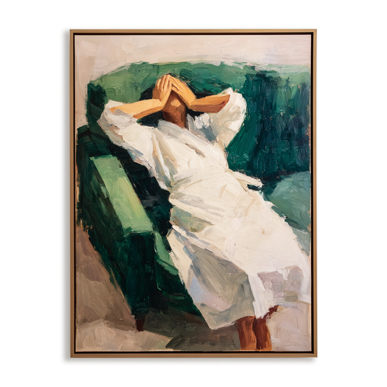 The Pause – Expressive Figurative Oil Painting of Reclining Woman on Green Sofa
