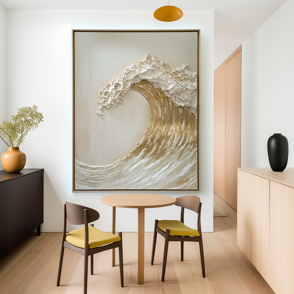 Tidal Light – Textured Gold Wave Wall Art Abstract Ocean Canvas Wabi Sabi Vertical Decor