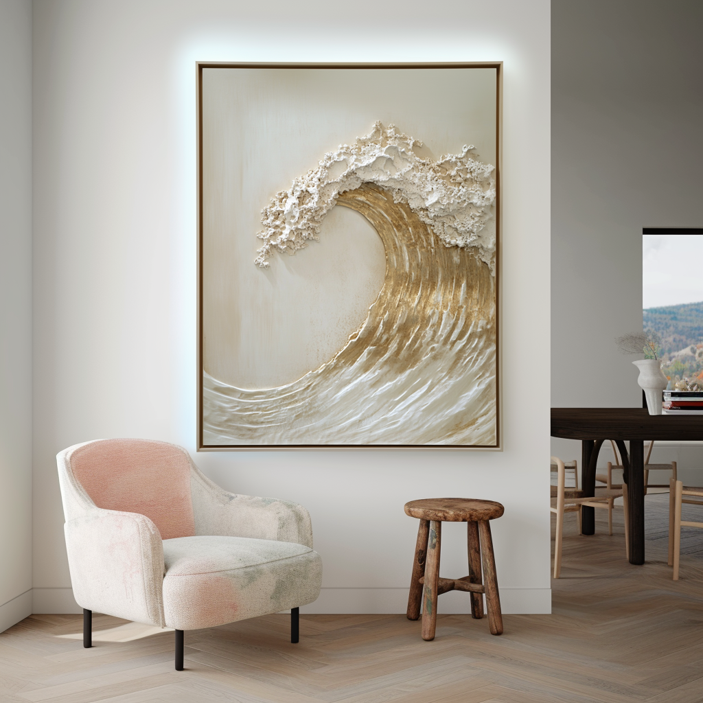 Tidal Light – Textured Gold Wave Wall Art Abstract Ocean Canvas Wabi Sabi Vertical Decor