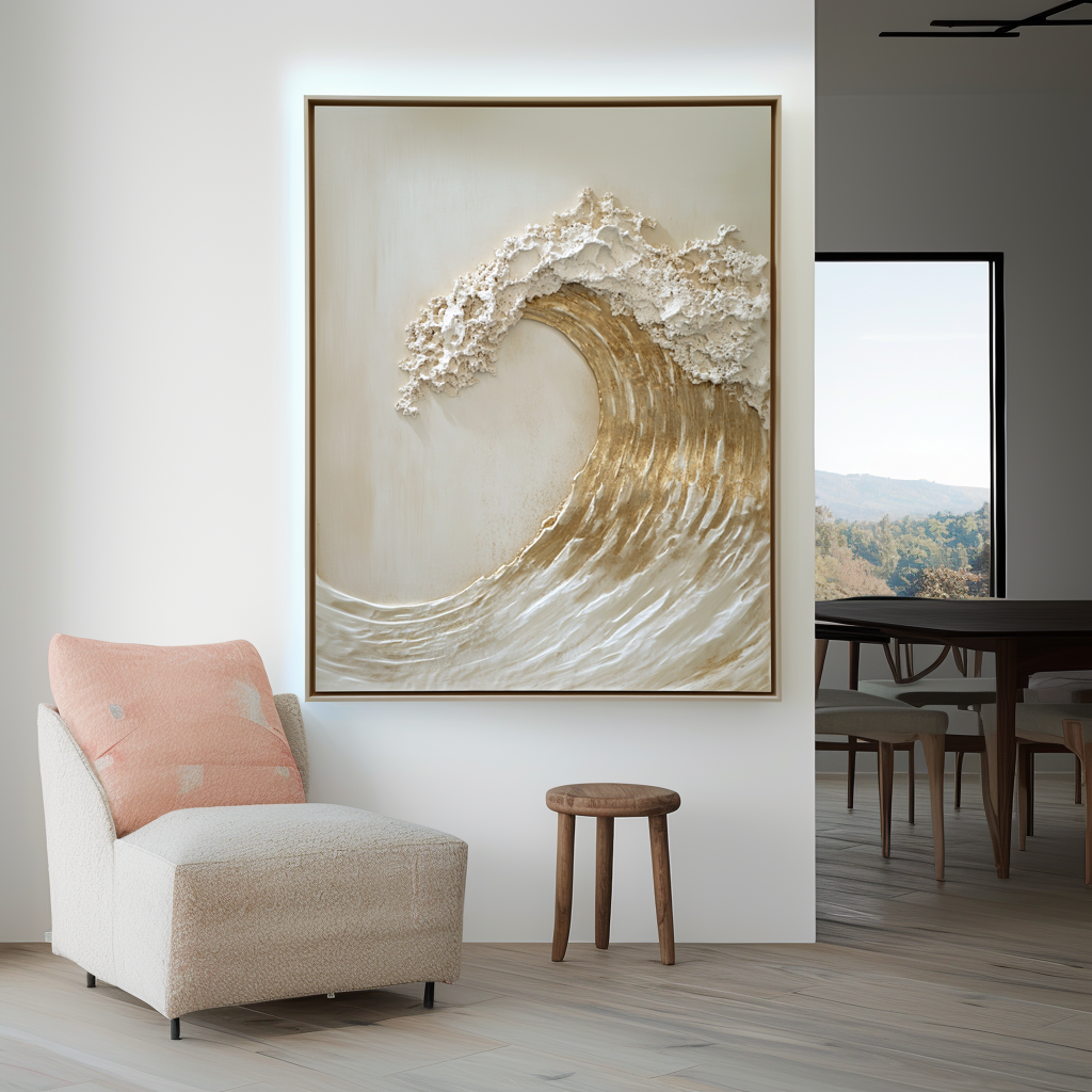 Tidal Light – Textured Gold Wave Wall Art Abstract Ocean Canvas Wabi Sabi Vertical Decor