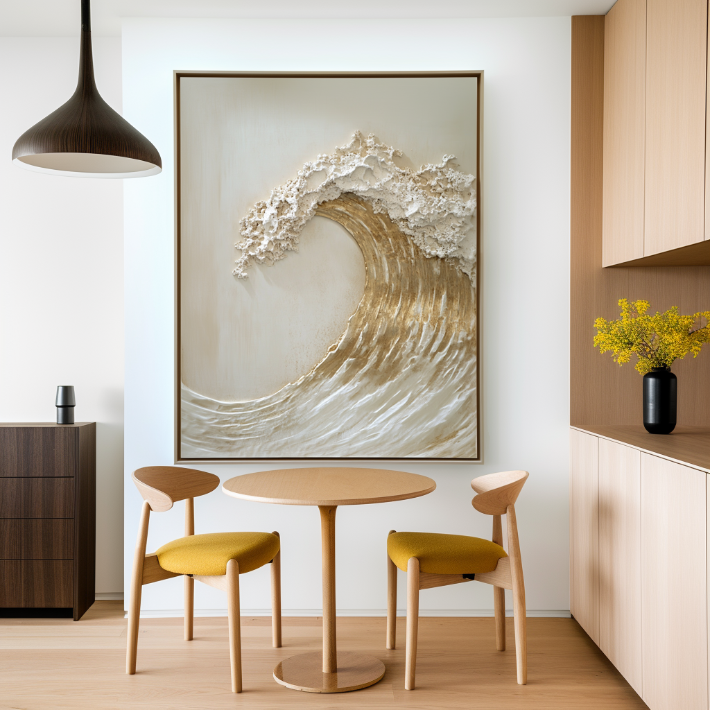 Tidal Light – Textured Gold Wave Wall Art Abstract Ocean Canvas Wabi Sabi Vertical Decor