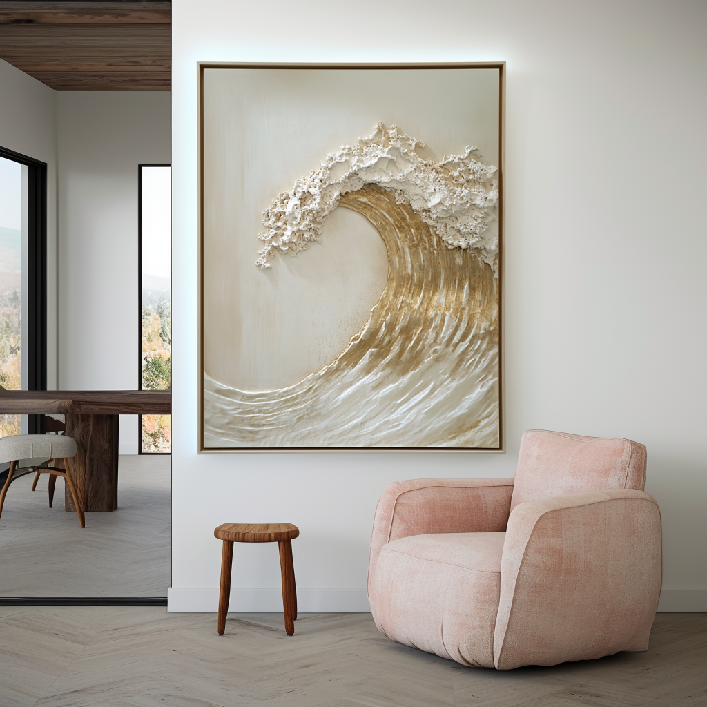 Tidal Light – Textured Gold Wave Wall Art Abstract Ocean Canvas Wabi Sabi Vertical Decor