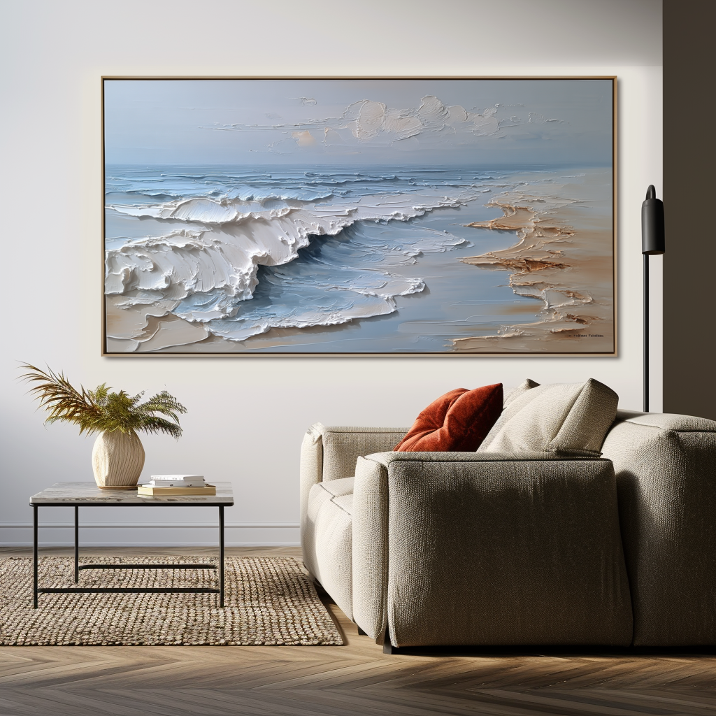 Tide’s Embrace- Modern 3D Textured Abstract Beach Wave Seascape Oil Painting, Framed Coastal Wall Art for Home Decor