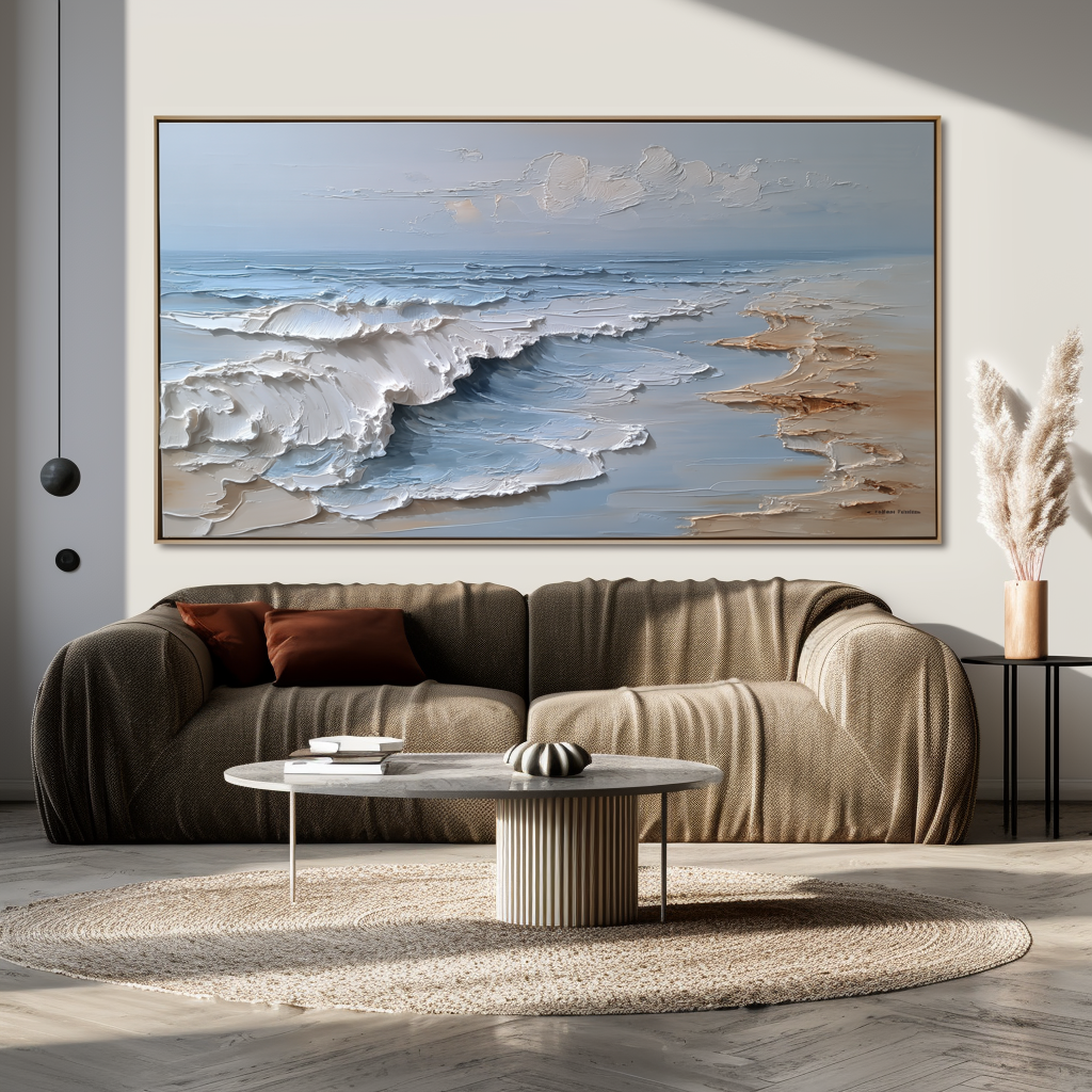Tide’s Embrace- Modern 3D Textured Abstract Beach Wave Seascape Oil Painting, Framed Coastal Wall Art for Home Decor