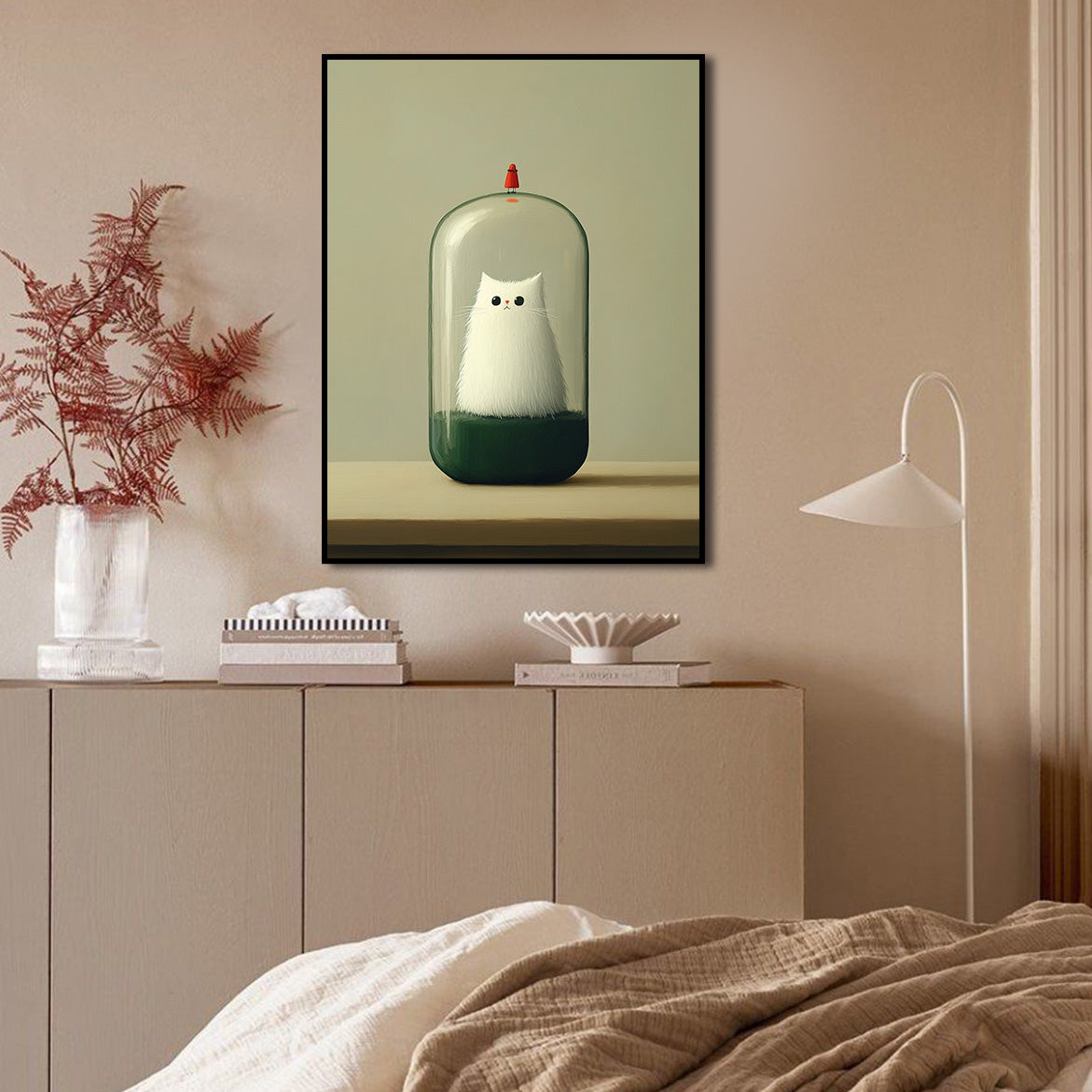Time Capsule Cat - Surreal Minimalist Cat in Glass Dome Conceptual Animal Art Print