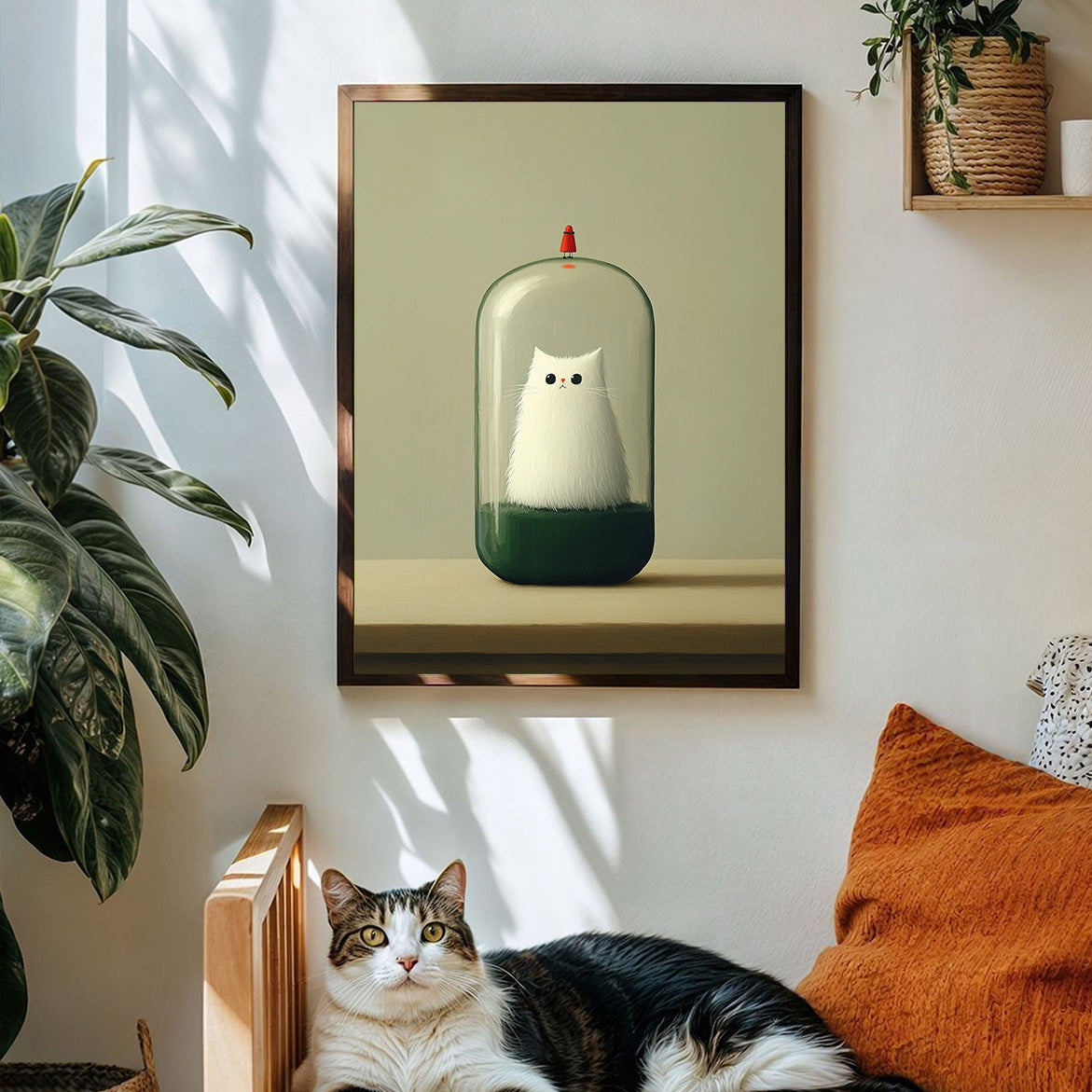 Time Capsule Cat - Surreal Minimalist Cat in Glass Dome Conceptual Animal Art Print