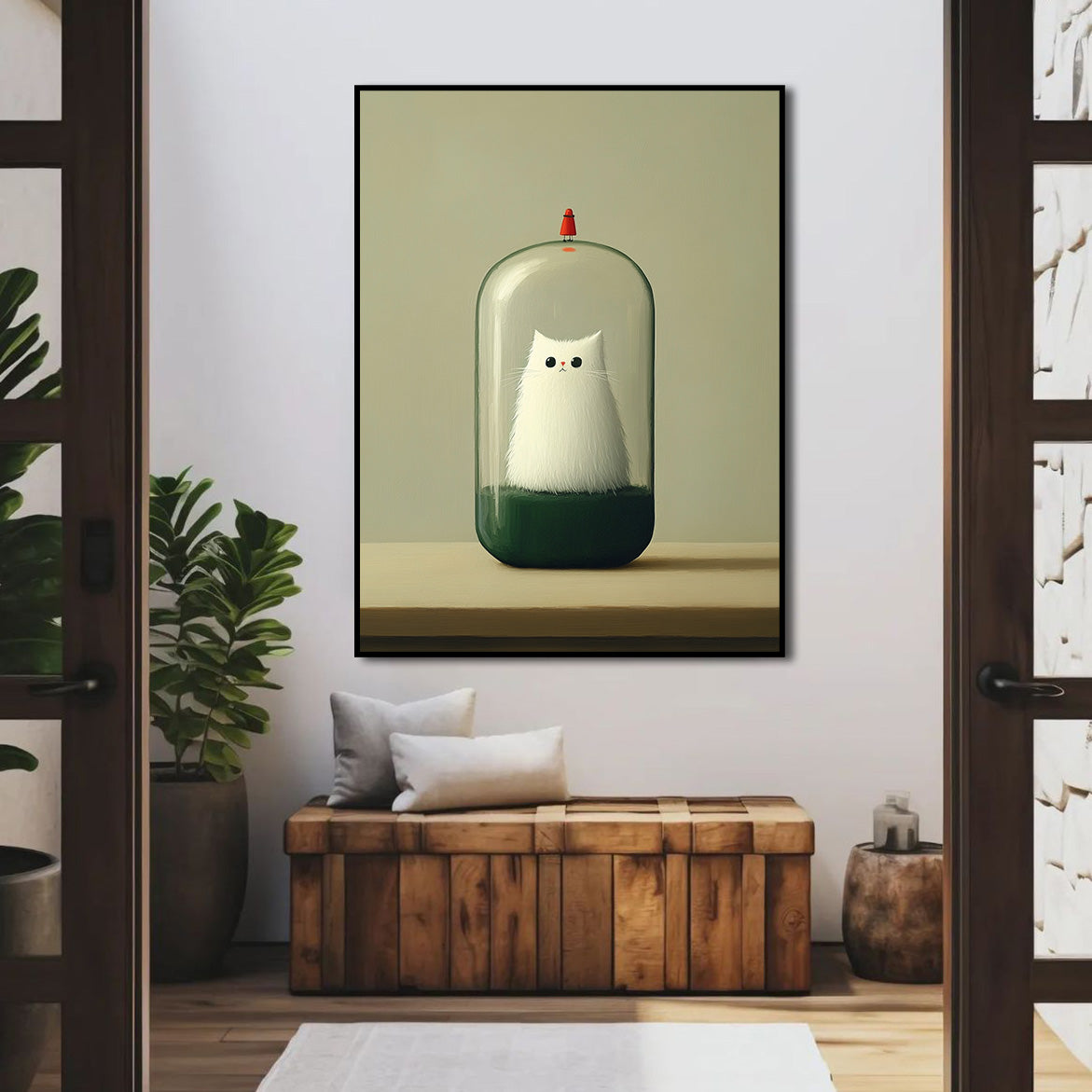 Time Capsule Cat - Surreal Minimalist Cat in Glass Dome Conceptual Animal Art Print