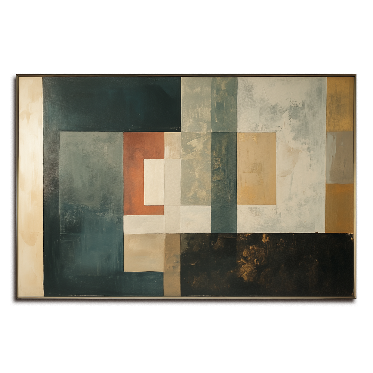 Timeless Layers: Modern Abstract Geometric Framed Canvas Art - Teal, Orange & Neutral Tones Wall Decor for Living Room & Bedroom
