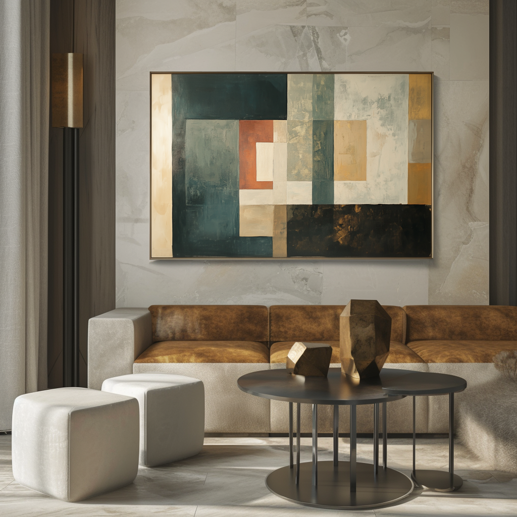 Timeless Layers: Modern Abstract Geometric Framed Canvas Art - Teal, Orange & Neutral Tones Wall Decor for Living Room & Bedroom