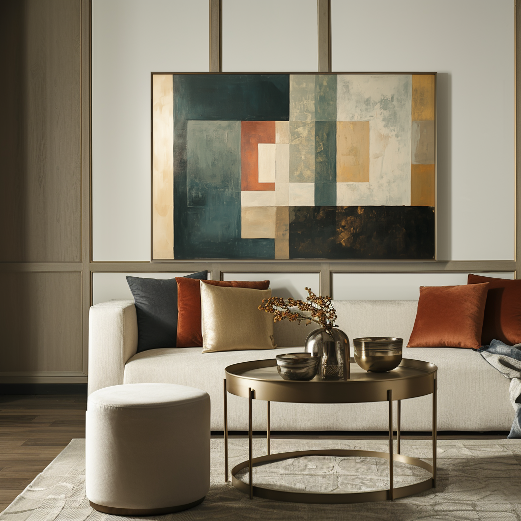 Timeless Layers: Modern Abstract Geometric Framed Canvas Art - Teal, Orange & Neutral Tones Wall Decor for Living Room & Bedroom