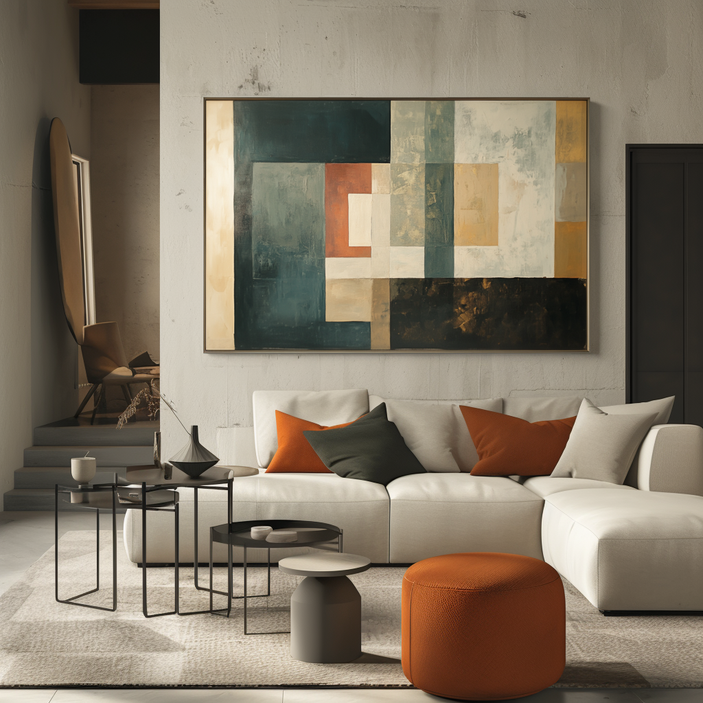 Timeless Layers: Modern Abstract Geometric Framed Canvas Art - Teal, Orange & Neutral Tones Wall Decor for Living Room & Bedroom