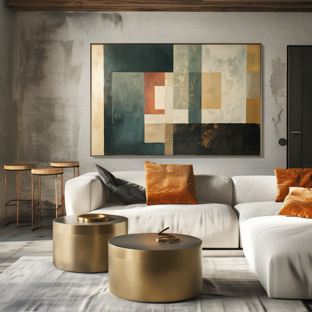 Timeless Layers: Modern Abstract Geometric Framed Canvas Art - Teal, Orange & Neutral Tones Wall Decor for Living Room & Bedroom