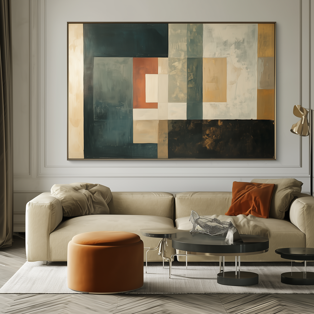Timeless Layers: Modern Abstract Geometric Framed Canvas Art - Teal, Orange & Neutral Tones Wall Decor for Living Room & Bedroom