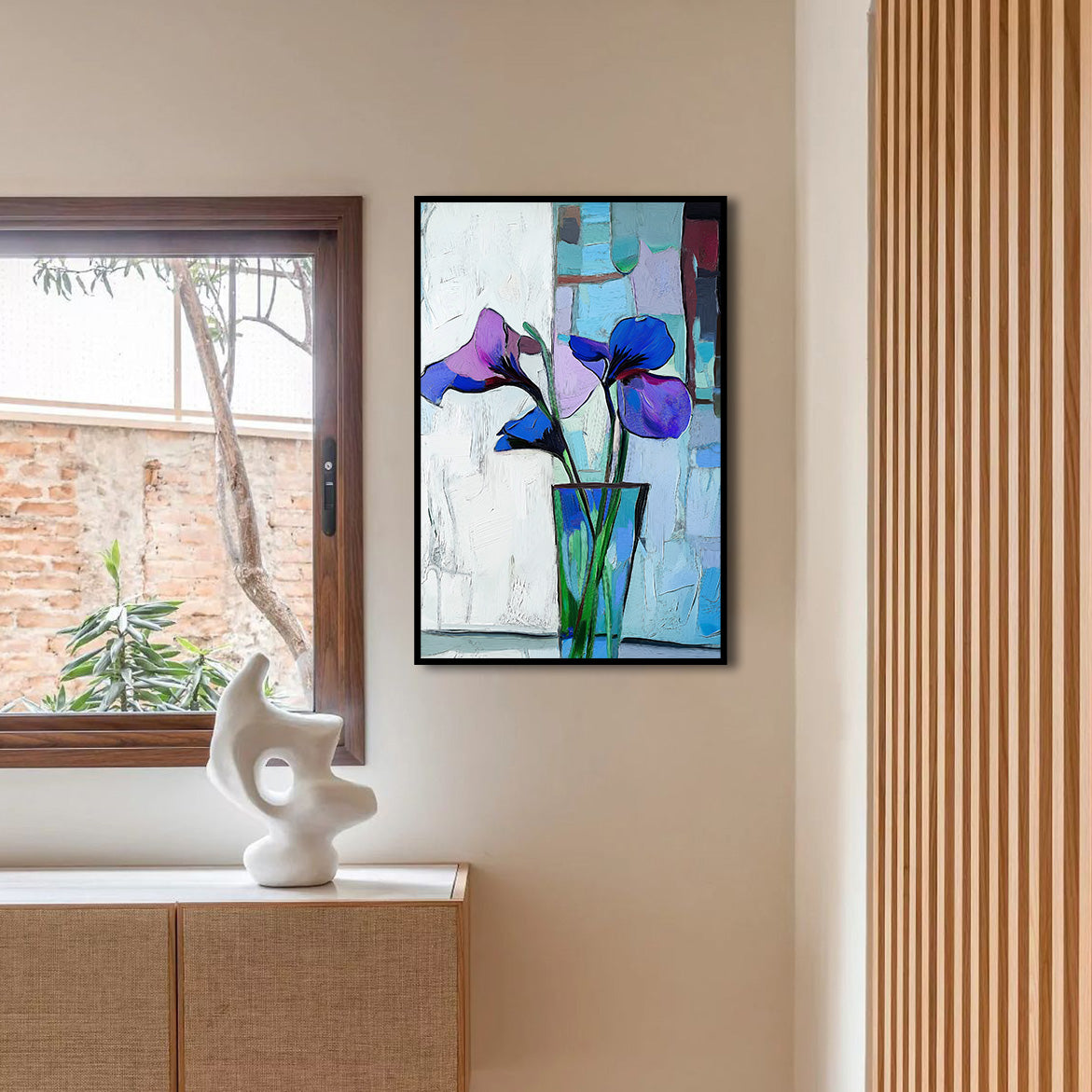 Trio in Bloom - Abstract Iris Flower Painting in Vase Modern Vertical Floral Canvas Art