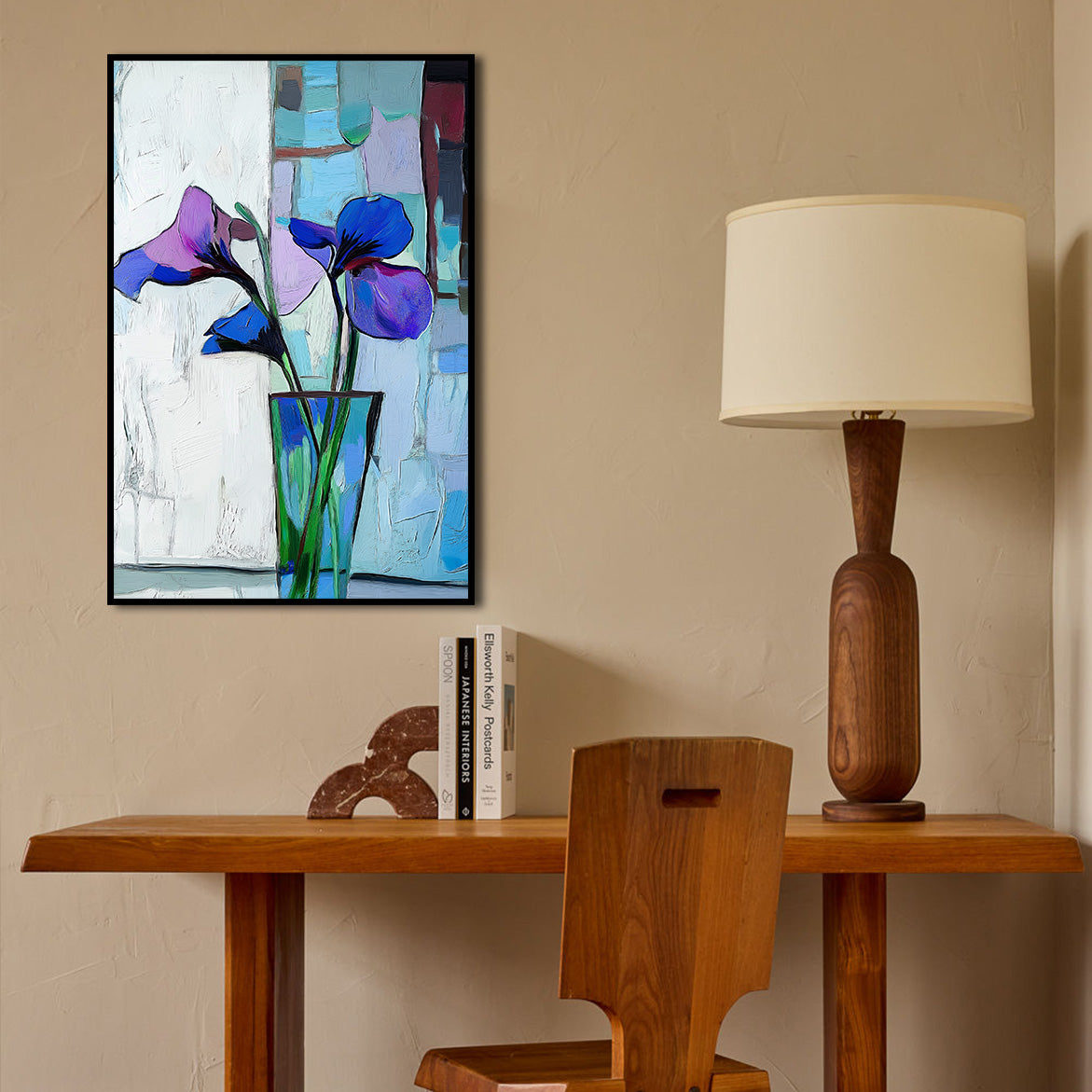 Trio in Bloom - Abstract Iris Flower Painting in Vase Modern Vertical Floral Canvas Art