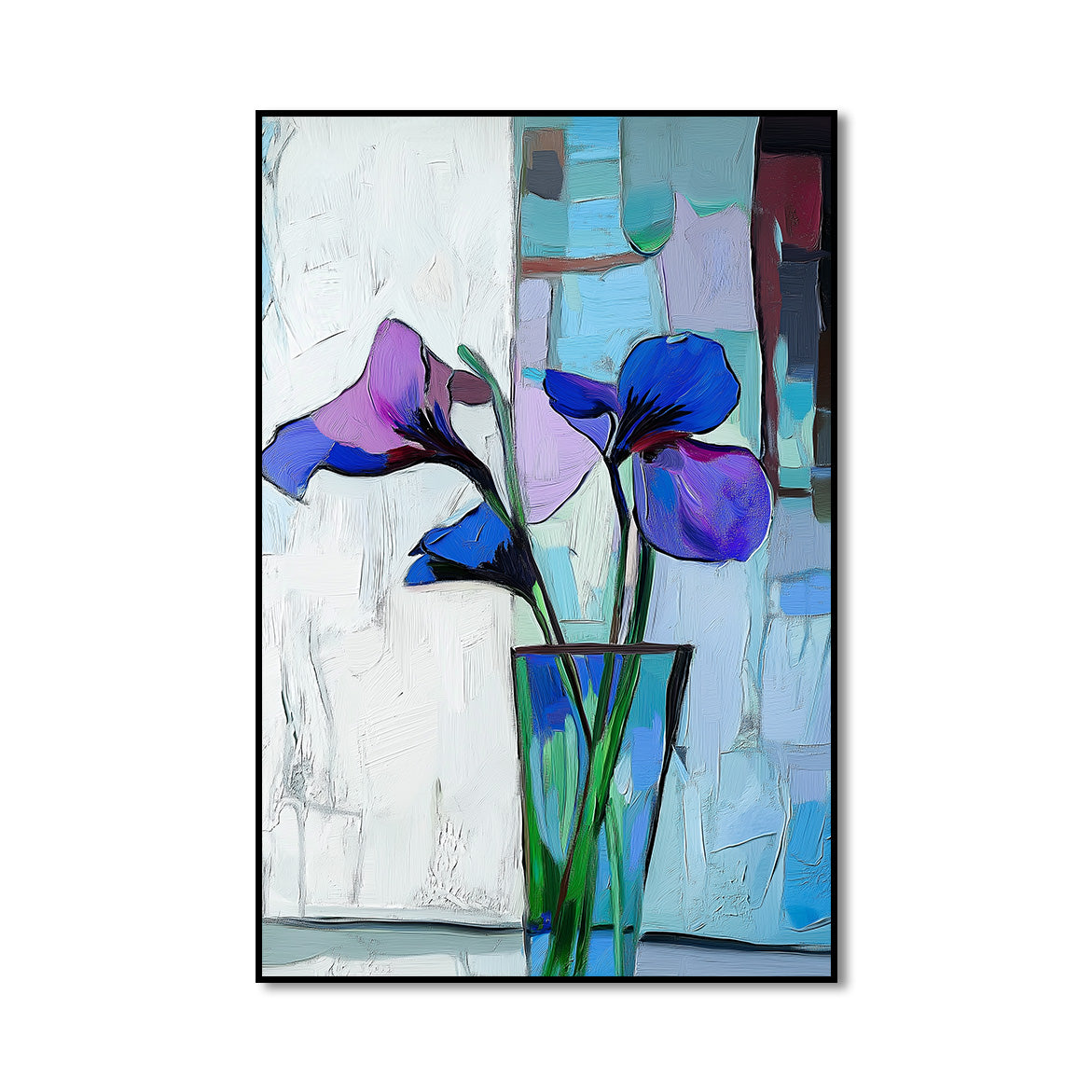 Trio in Bloom - Abstract Iris Flower Painting in Vase Modern Vertical Floral Canvas Art