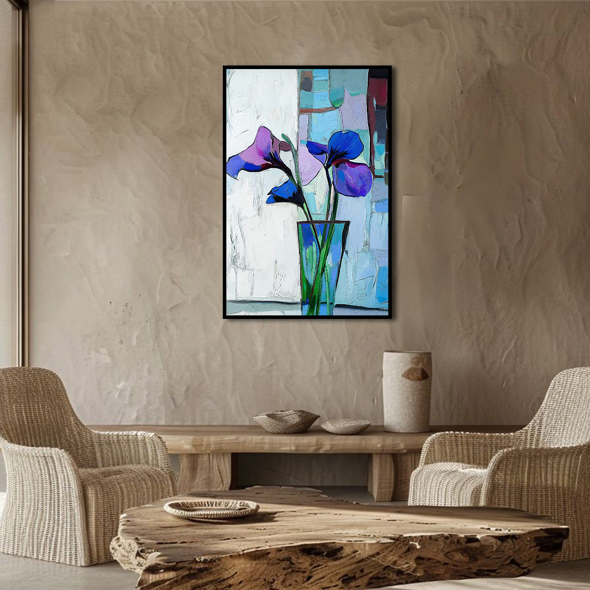 Trio in Bloom - Abstract Iris Flower Painting in Vase Modern Vertical Floral Canvas Art