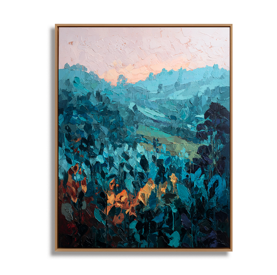 Abstract mountain landscape painting with blue-green foliage and textured dusk sky, vertical canvas wall art.