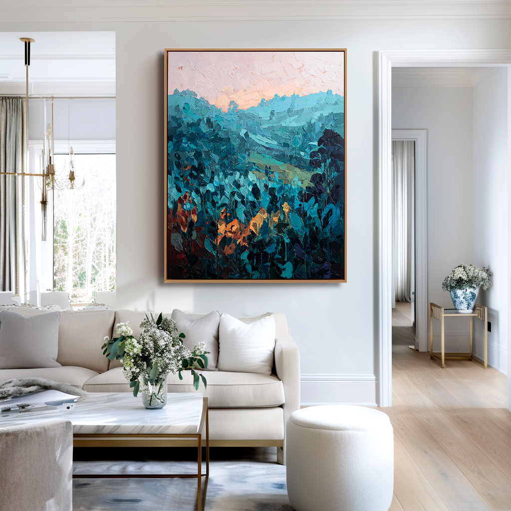 Twilight Hills – Abstract Mountain Painting with Orange Accents -Landscape Textured Teal Canvas Wall Art