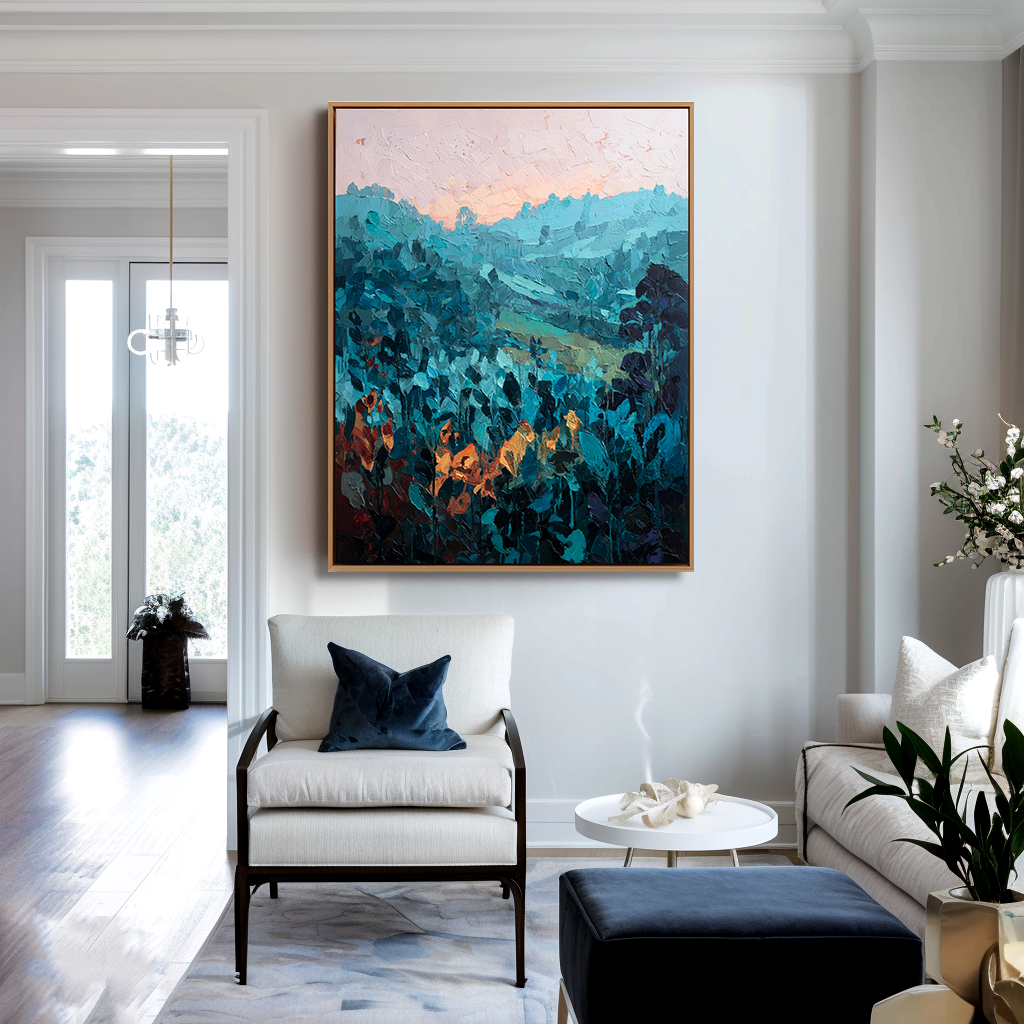 Twilight Hills – Abstract Mountain Painting with Orange Accents -Landscape Textured Teal Canvas Wall Art