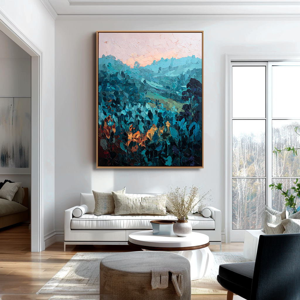 Twilight Hills – Abstract Mountain Painting with Orange Accents -Landscape Textured Teal Canvas Wall Art