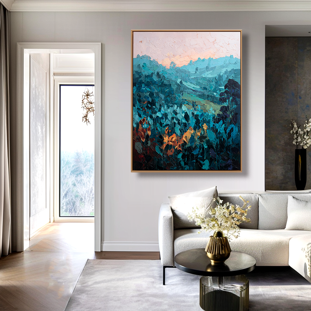 Twilight Hills – Abstract Mountain Painting with Orange Accents -Landscape Textured Teal Canvas Wall Art