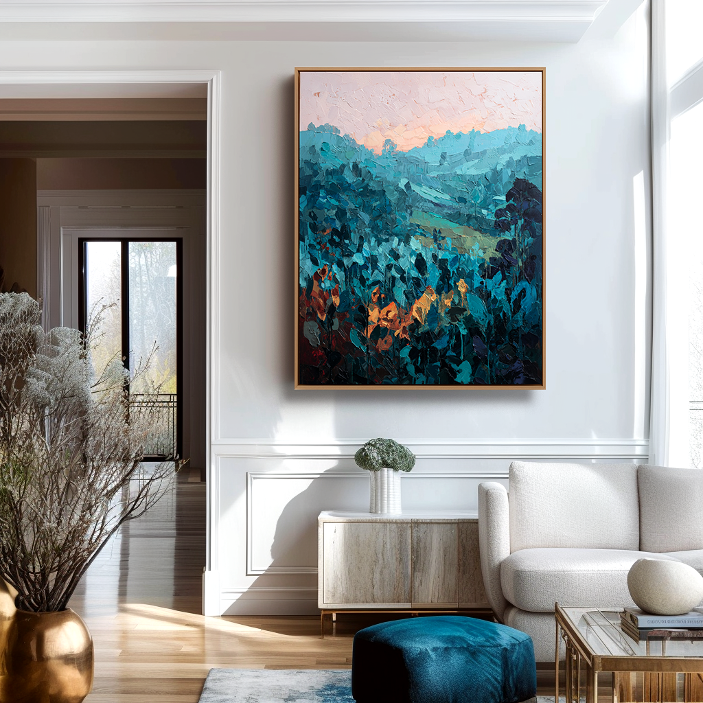 Twilight Hills – Abstract Mountain Painting with Orange Accents -Landscape Textured Teal Canvas Wall Art