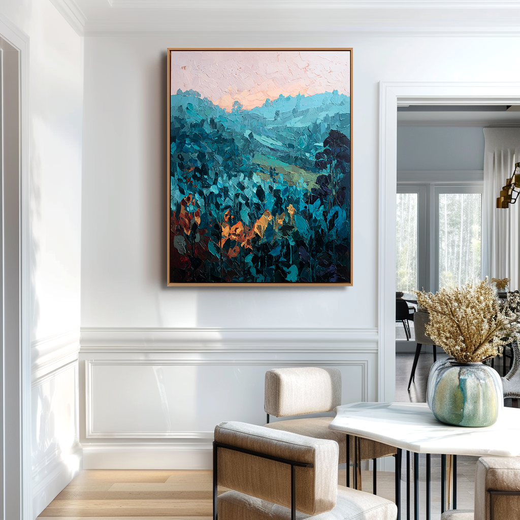 Twilight Hills – Abstract Mountain Painting with Orange Accents -Landscape Textured Teal Canvas Wall Art