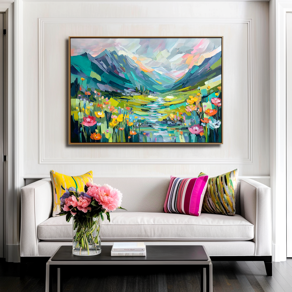 Valley Bloom – Abstract Mountain Landscape Painting, Colorful Textured Canvas Wall Art