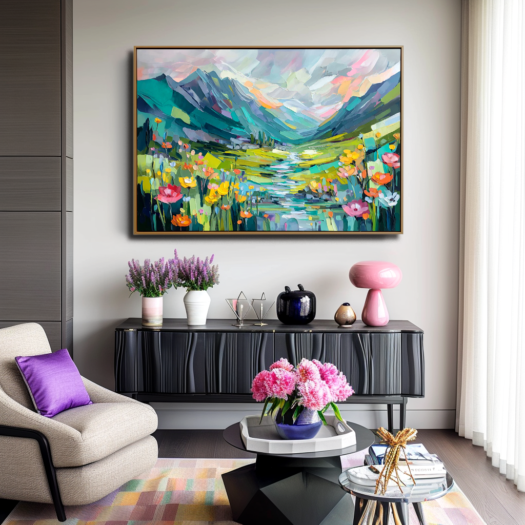 Valley Bloom – Abstract Mountain Landscape Painting, Colorful Textured Canvas Wall Art