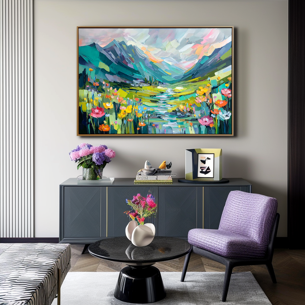 Valley Bloom – Abstract Mountain Landscape Painting, Colorful Textured Canvas Wall Art