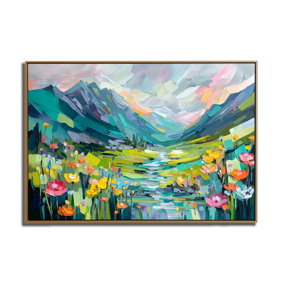 Colorful abstract mountain landscape painting with blooming wildflowers and textured brushstrokes, horizontal canvas wall art for modern interiors.