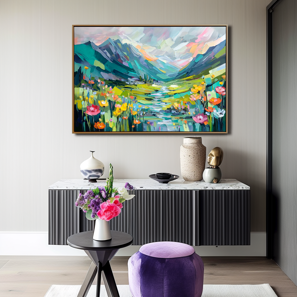 Valley Bloom – Abstract Mountain Landscape Painting, Colorful Textured Canvas Wall Art