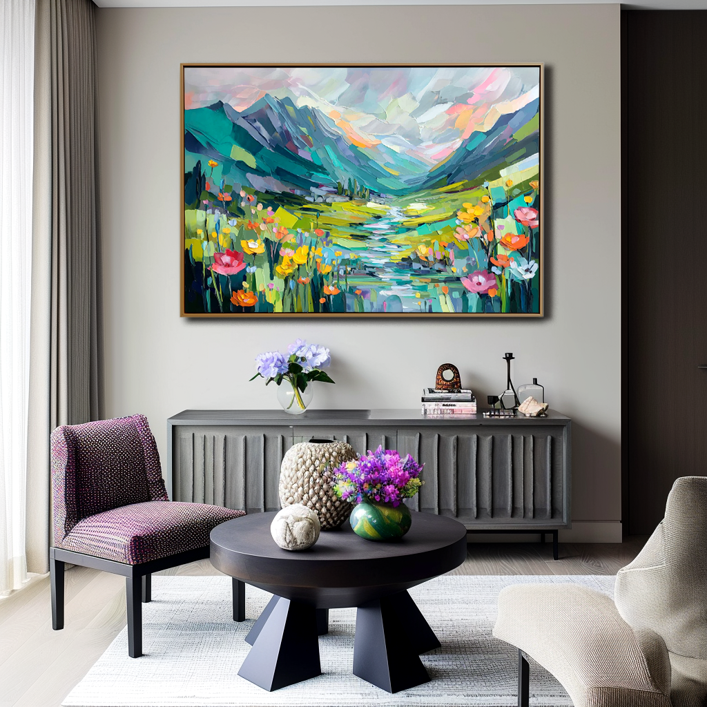 Valley Bloom – Abstract Mountain Landscape Painting, Colorful Textured Canvas Wall Art