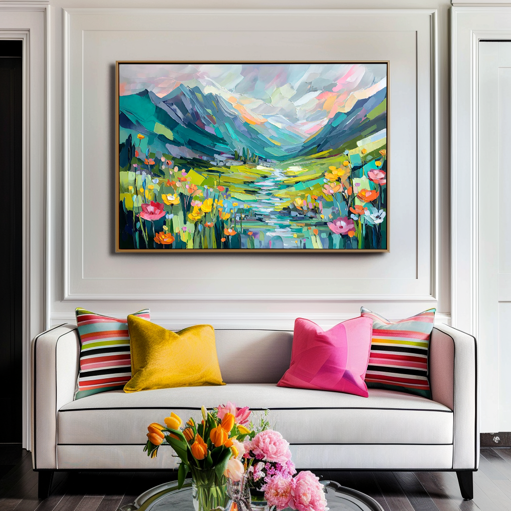 Valley Bloom – Abstract Mountain Landscape Painting, Colorful Textured Canvas Wall Art
