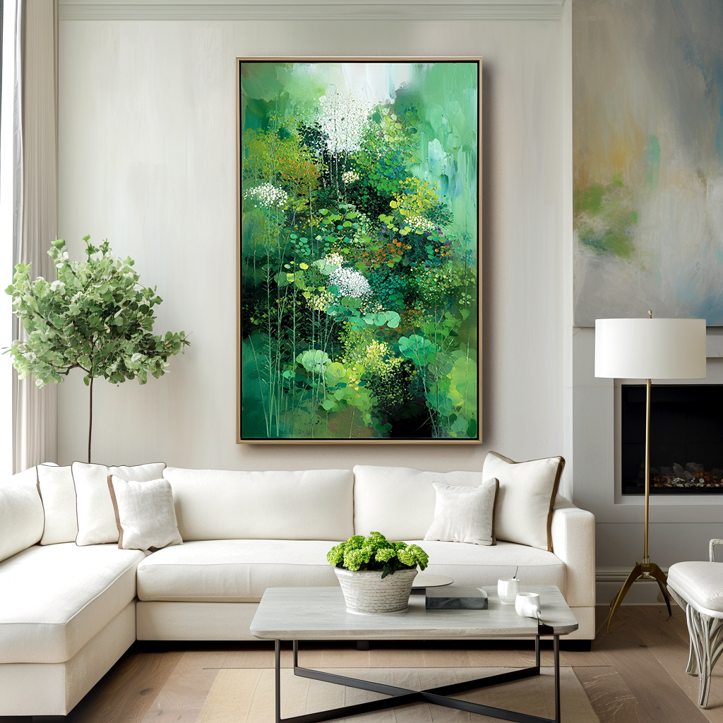 Verdant Bloom – Abstract Green Botanical Painting on Canvas for Modern Wall Art