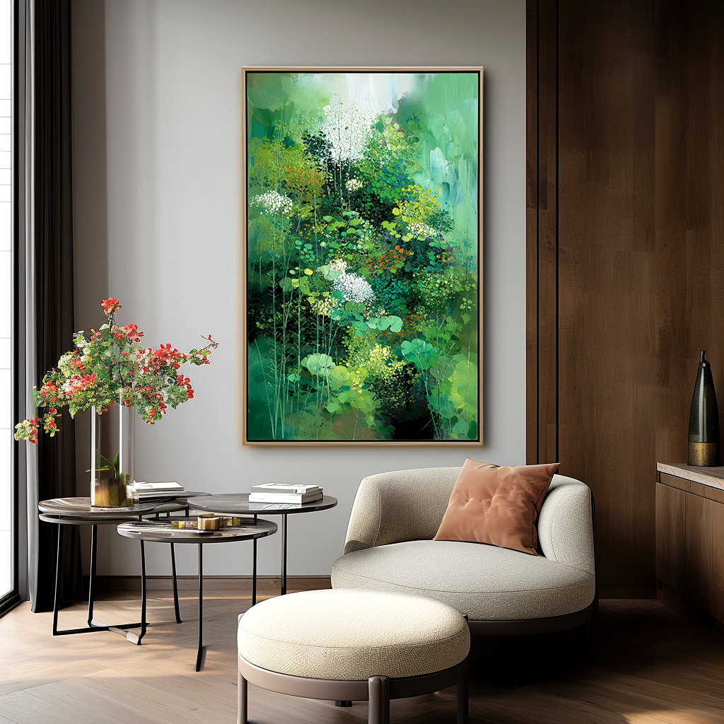 Verdant Bloom – Abstract Green Botanical Painting on Canvas for Modern Wall Art