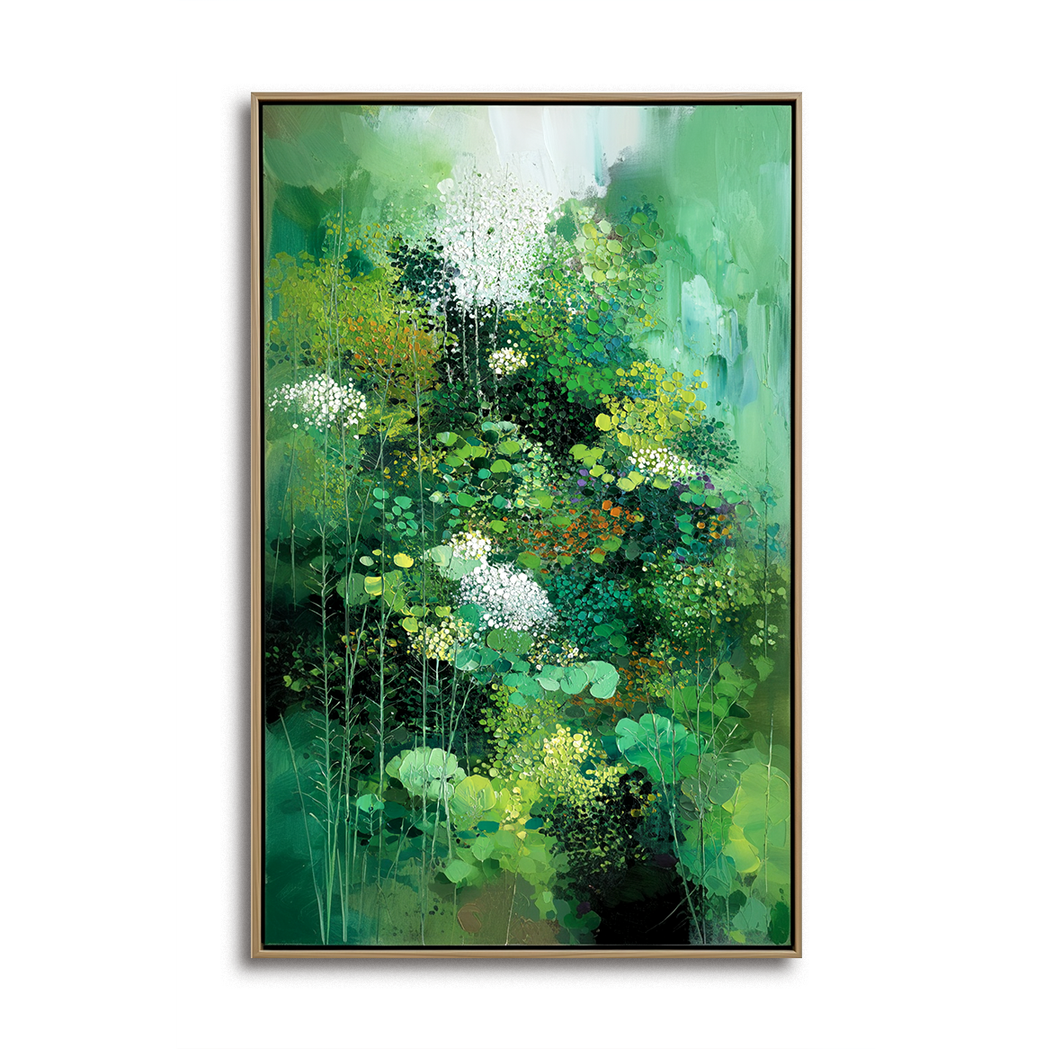 Abstract green botanical painting with textured foliage and white floral highlights, vertical canvas wall art for modern interiors.