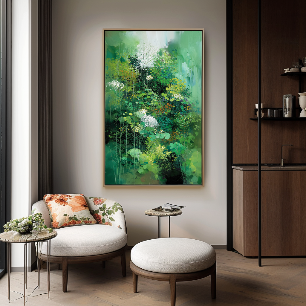 Verdant Bloom – Abstract Green Botanical Painting on Canvas for Modern Wall Art
