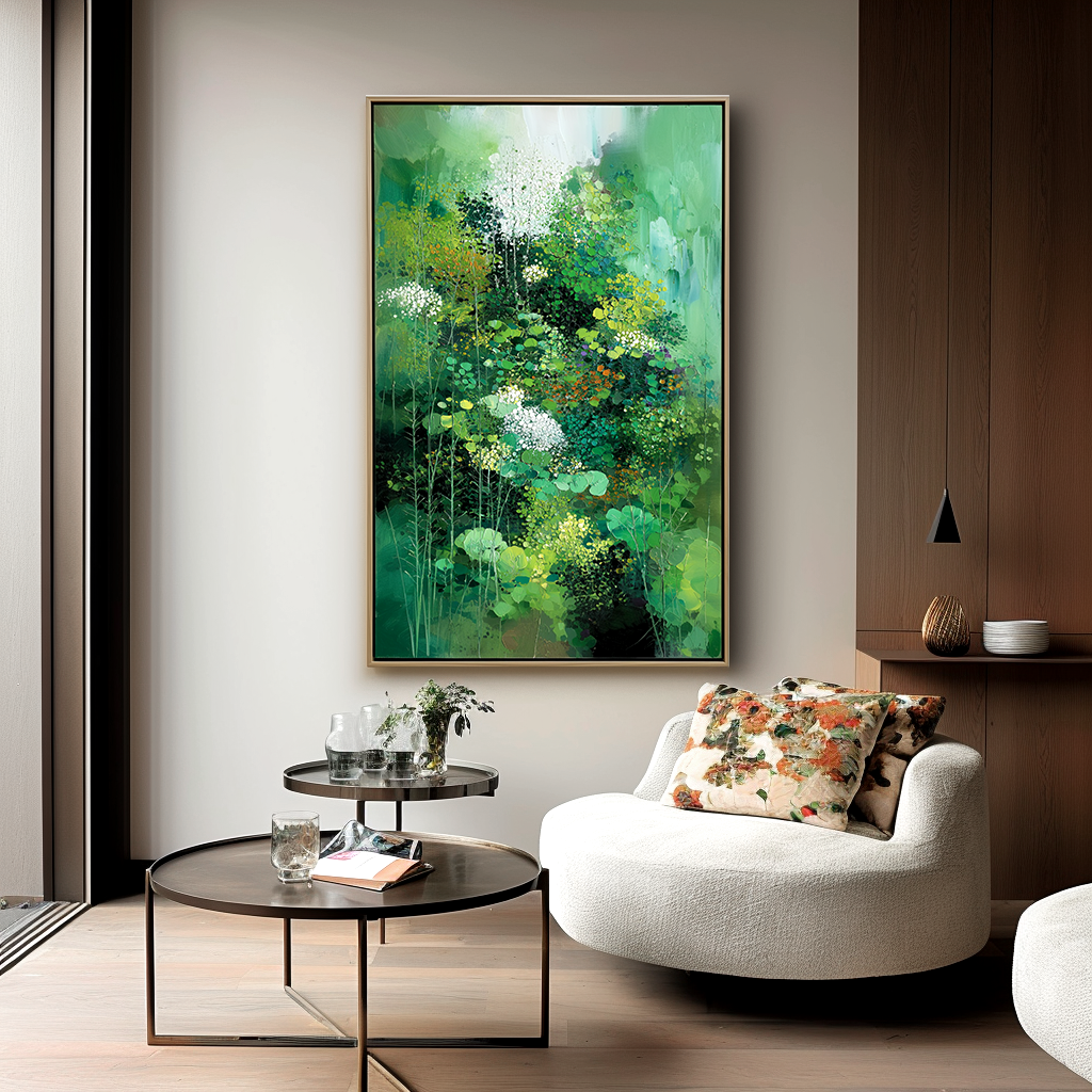 Verdant Bloom – Abstract Green Botanical Painting on Canvas for Modern Wall Art