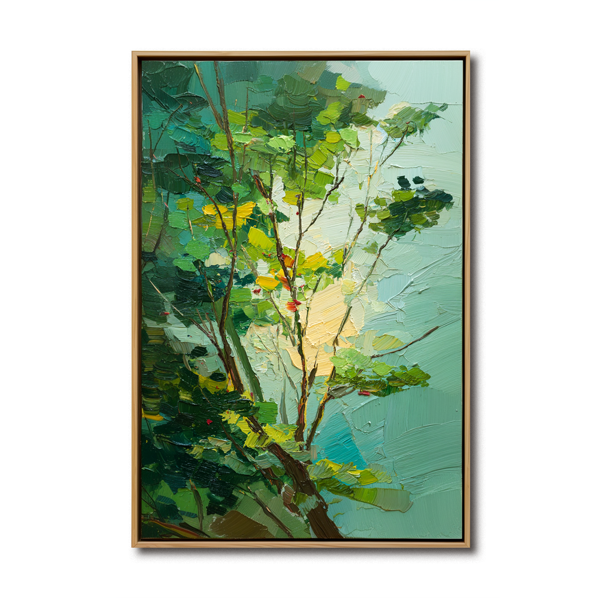 Abstract tree painting with textured green foliage and sunlight tones, vertical canvas wall art for modern interiors.