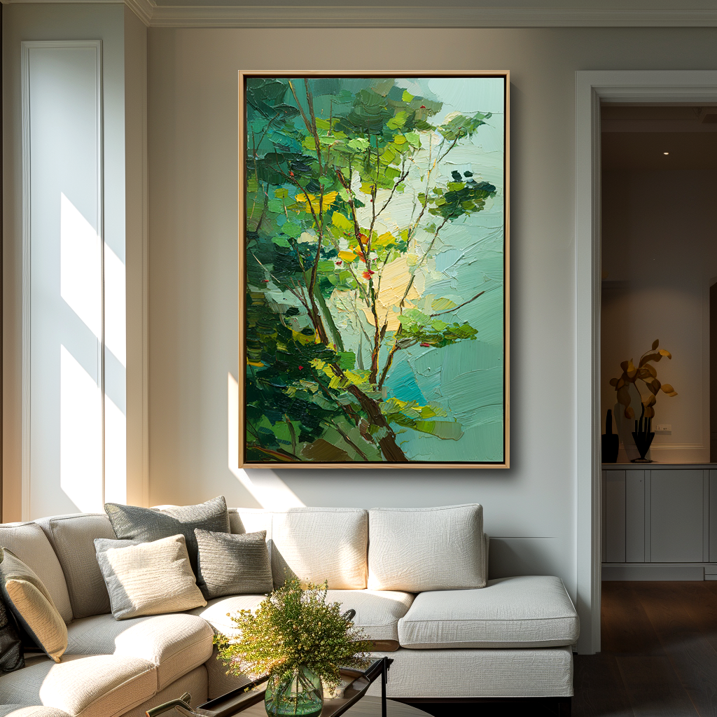 Verdant Canopy – Abstract Tree Painting, Textured Green Canvas Wall Art