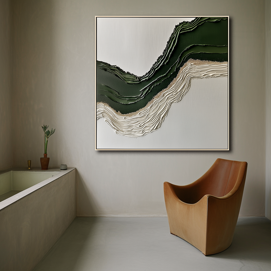 Verdant Horizon-Modern Textured Abstract Wall Art - 3D Wave Landscape Canvas Painting in Green & Neutral Tones