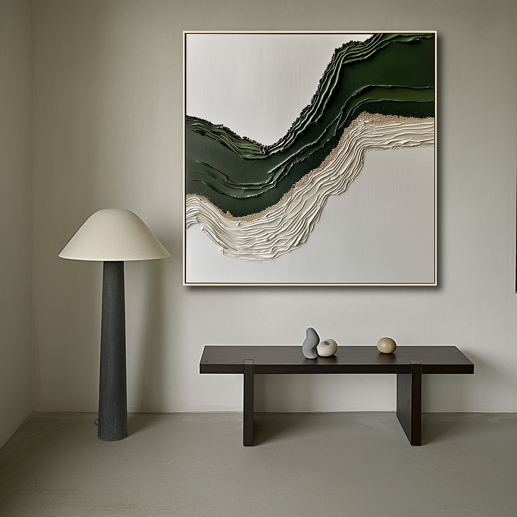 Verdant Horizon-Modern Textured Abstract Wall Art - 3D Wave Landscape Canvas Painting in Green & Neutral Tones